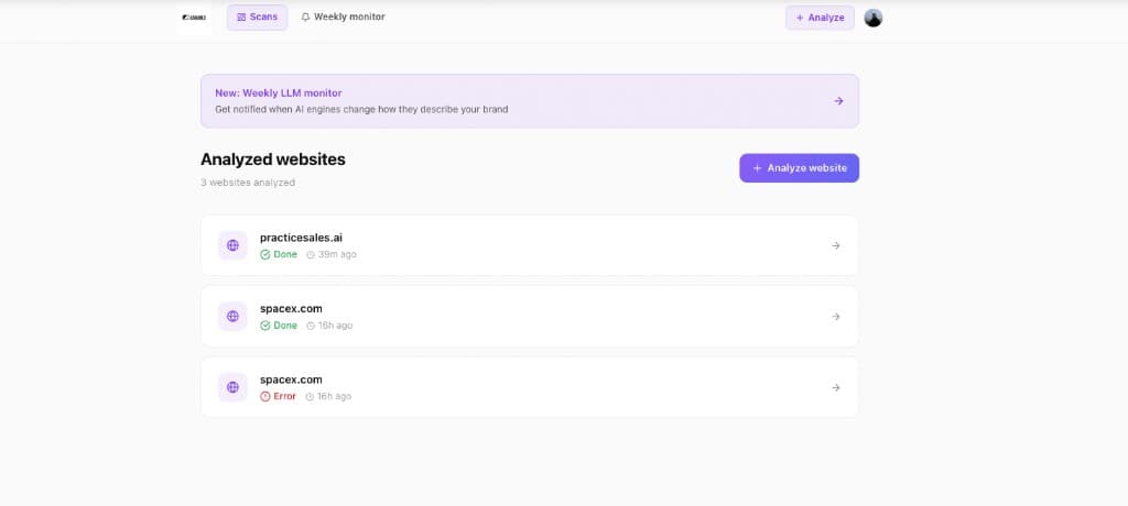 Dashboard listing analyzed websites and scan status